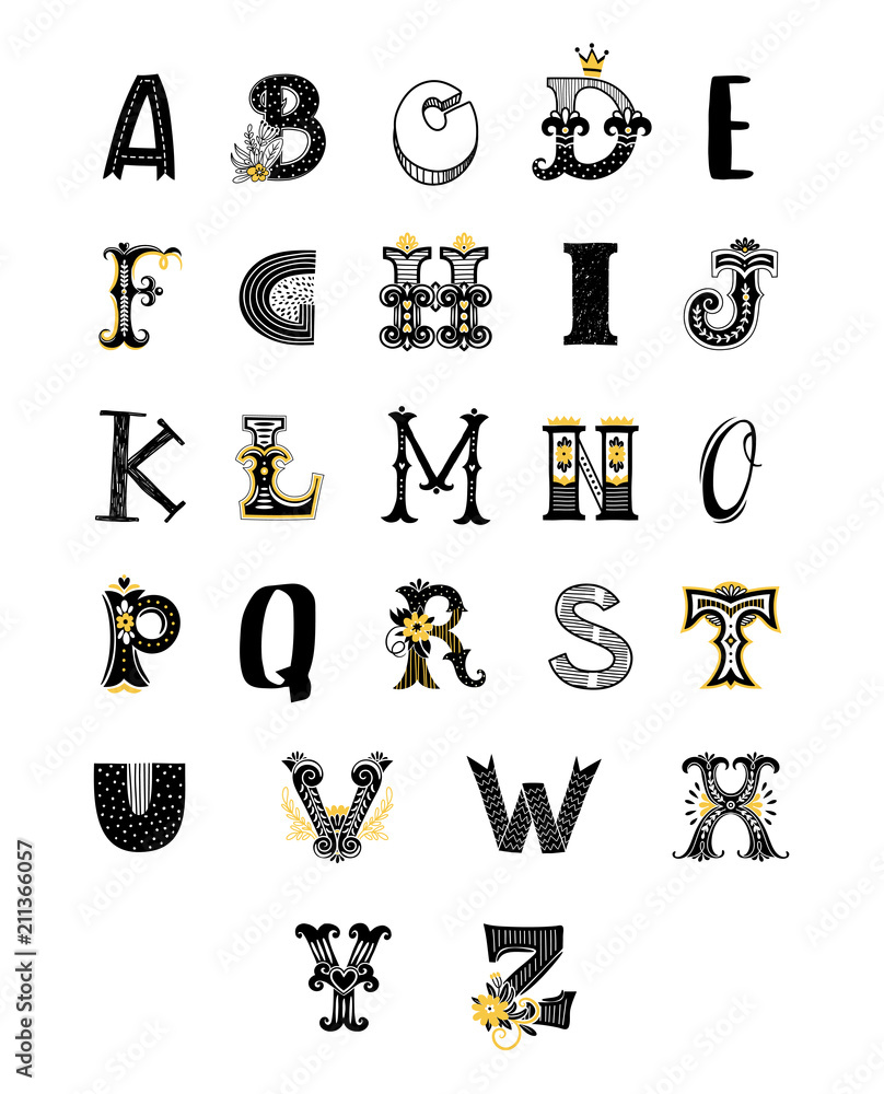 Alphabet letters and numbers in different style. Freehand drawing. Can be  used for scrapbook, postcards, etc. Stock Vector | Adobe Stock