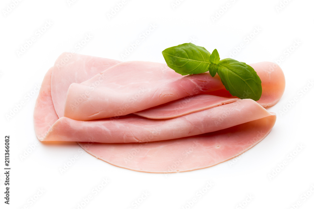 Sliced boiled ham sausage isolated on white background, top view. Sliced boiled ham sausage isolated on white background, top view.
