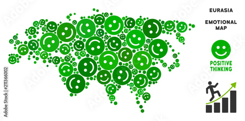 Joy Eurasia map mosaic of smile emojis in green shades. Positive thinking vector template. Eurasia map is composed from green joy icons. Abstract territory plan.