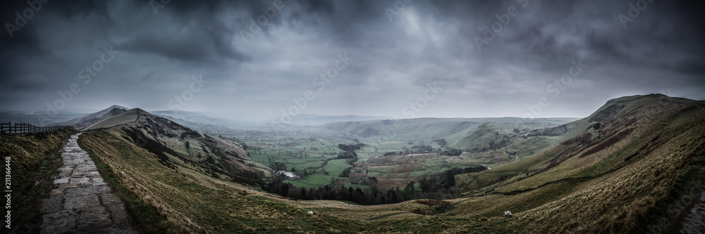 Desaturated panorama of Mam Tor in Peak District, UK