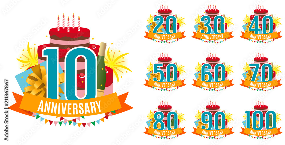 Template from 10 to 100 Years Anniversary Congratulations, Greeting Card Collection Set with Cake, Gift Box, Fireworks and Ribbon Invitation Vector Illustration