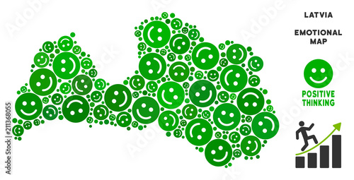 Happy Latvia map collage of smileys in green shades. Positive thinking vector template. Latvia map is made from green happy emotion symbols. Abstract territory plan.
