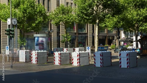Frankfurt Germany, June 28th 2018, concrete bollards blocks at the beginning of the Grosse Bockenheimer Strasse, Fressgass, to protect from terror attacks, time lapse