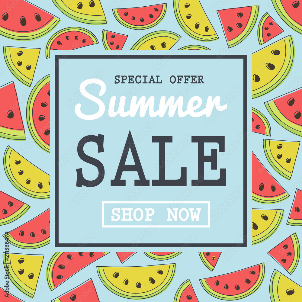 Concept of banner with melons and watermelons for Summer Sale. Vector.