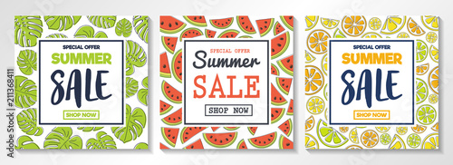 Summer Sale - concept of multicoloured posters with hand drawn icons of tropical fruits and leaves. Vector.