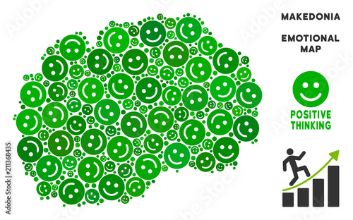 Happiness Makedonia map composition of smileys in green tints. Positive thinking vector concept. Makedonia map is formed of green cheerful icons. Abstract territorial scheme. photo