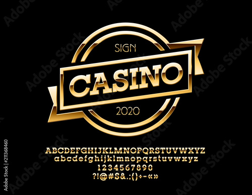 Vector Golden Logo with text Casino. Set of Chic Alphabet Letters, Numbers and Punctuation symbols.