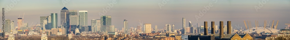 Panorama of London Canary Wharf at cold winter morning 