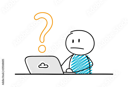 Funny stickman working on laptop - concept with question mark icon. Vector.