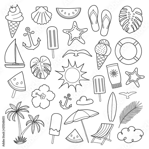 Collection of summer icons isolated on white background. Vector.