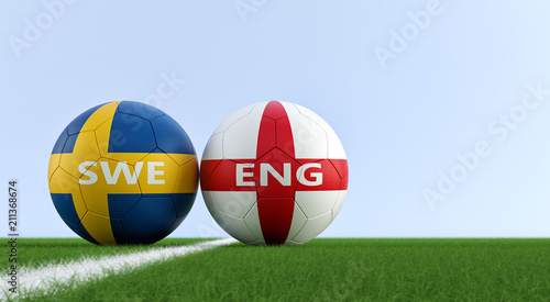 England vs. Sweden Soccer Match - Soccer balls in Swedish and English national colors on a soccer field. Copy space on the right side - 3D Rendering 