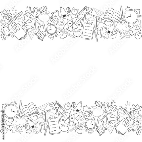 Back to school - layout of a poster with sketchy accessories nad copyspace. Vector.