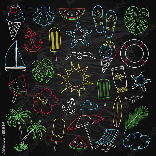 Collection of colourful hand drawn icons on blackboard. Vector.