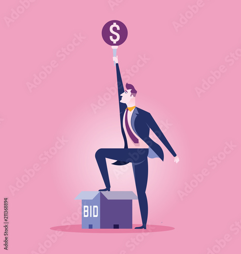 Businessman holding auction paddle. Flat vector illustration.