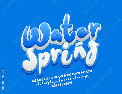 Vector bright Logo Water. Handwritten blue and white Font. 3D cute Alphabet Letters, Numbers and Symbols