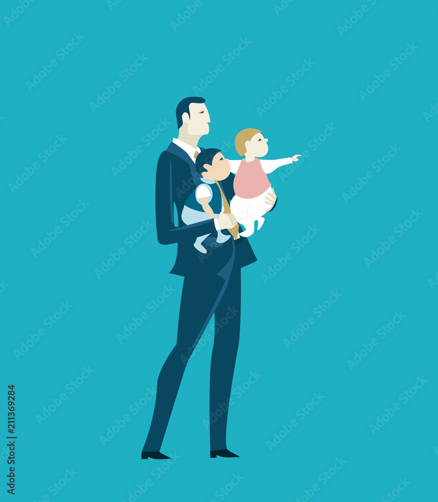 Successful businessman and father holding kids and looking to the future Successful businessman and father holding kids and looking to the future