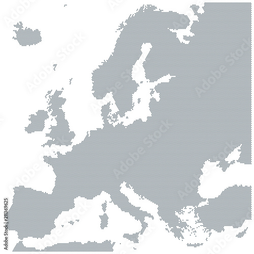 Map of Europe made of gray dots. Dotted silhouette, outline and surface of Europe and the surrounded regions. Dots in a row. Isolated illustration on white background. Vector.