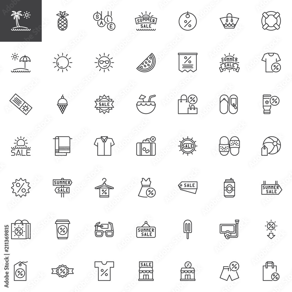 Summer sale outline icons set. linear style symbols collection, line signs pack. vector graphics. Set includes icons as Island, Pineapple, Discount, Sun, Coupon, Shopping bag, Tags, Beach bag, Dress