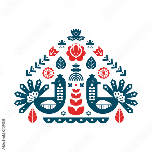 Decorative print with peacock and floral elements. Nordic ornaments, folk art pattern. Vector template for your design.