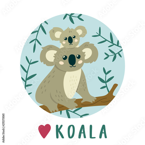 Cute Koala mother with baby Koala . Creative kids print. Vector illustration