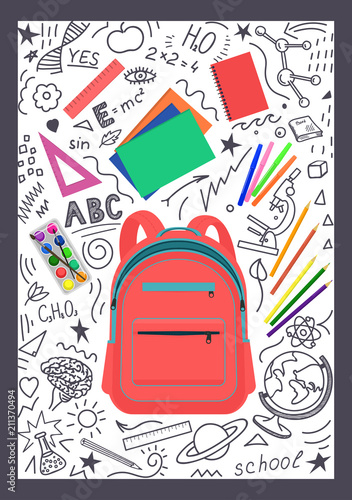 Open school backpack with stationery and doodles. Vector illustration.