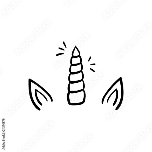 Unicorn horn with ears and sparkles, vector hand drawn illustration, black outlined unicorn, isolated on white background.