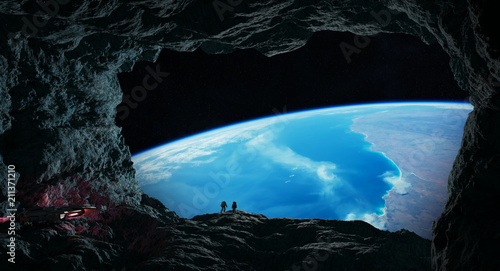 Fototapeta Naklejka Na Ścianę i Meble -  Astronauts exploring a cave in asteroid 3D rendering elements of this image furnished by NASA