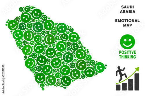 Joy Saudi Arabia map mosaic of smileys in green hues. Positive thinking vector concept. Saudi Arabia map is formed of green joy emotion symbols. Abstract territory plan.