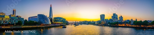 Photography London skyline panorama at sunset, seen from Tower Bridge
