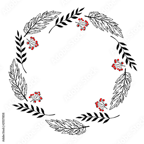 Doodle berry and leaf circle frame on a white background. Wreath of leaves. Ready template for design, postcards, printing.