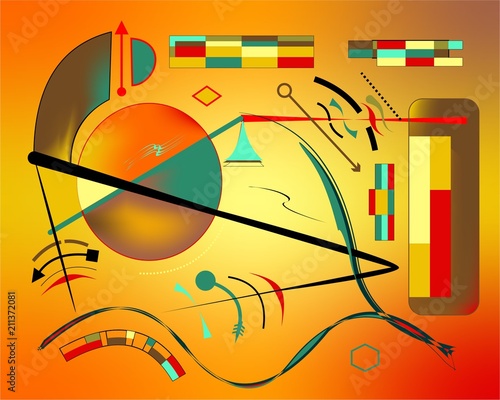 Abstract  orange  background ,fancy  geometric and curved shapes , expressionism art style