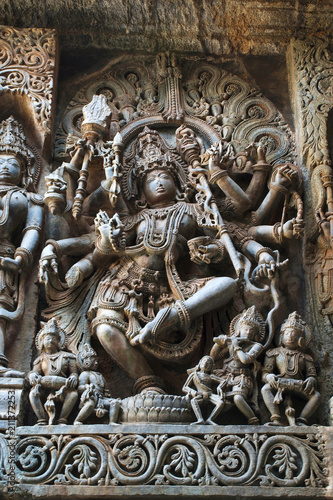 Sculpture of dancing Shiva, Hoysaleshwara temple, Halebidu, Karnataka. view from West.