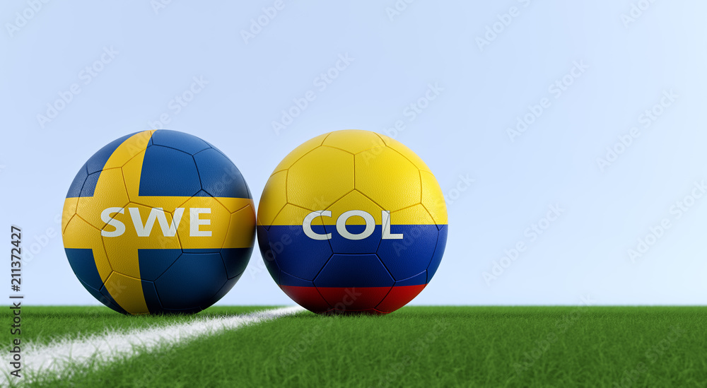 Colombia vs. Sweden Soccer Match - Soccer balls in Sweden and Colombia national colors on a soccer field. Copy space on the right side - 3D Rendering 