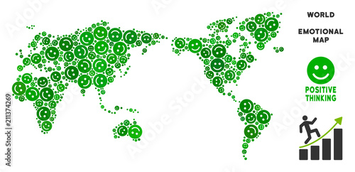 Happiness world map mosaic of smileys in green variations. Positive thinking vector template. World map is made from green positive emotion symbols. Abstract territory scheme.