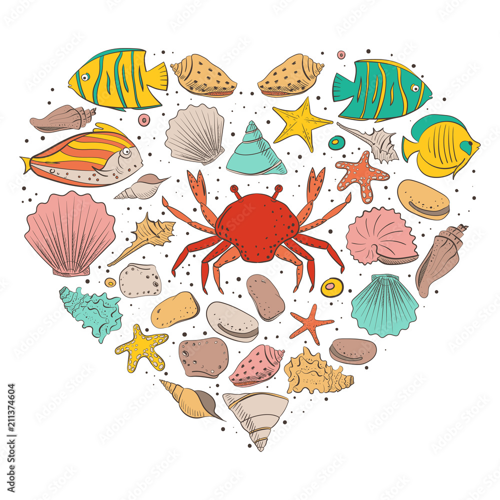 Heart form with shell, starfish, fish, stone. Vector set for design in sea beach style. Colored exotic shells and underwater animals
