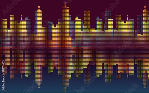 night and the city- background graphic with buildings and reflection in the warter