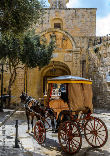 Medina, Malta - June 2018: Taking a ride in a chariot in the old city of Medina