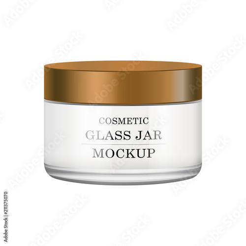 Realistic white glass jar with bronze plastic lid for cosmetics - body cream, butter, scrub, bath salt, gel, skin care, powder. Premium product. Package template. Vector mock up.