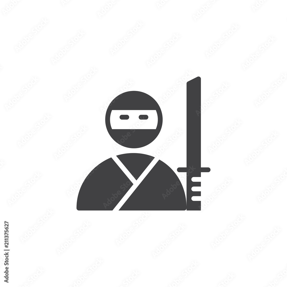 Ninja samurai with katana vector icon. filled flat sign for mobile concept and web design. Japanese warrior fighter with sword simple solid icon. Symbol, logo illustration. Pixel perfect vector