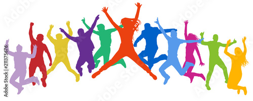 Cheerful crowd jumping people. Friends leap, bounce young teenagers, trampoline. Happy youth company. Multicolor vector silhouette