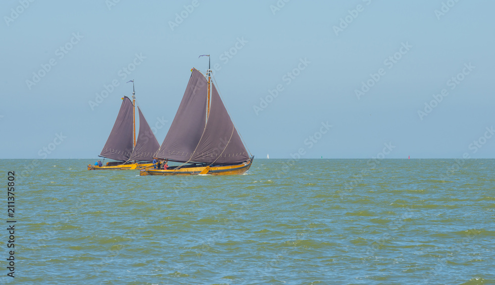 Sailboats sailing in a lake below a blue sky in summer