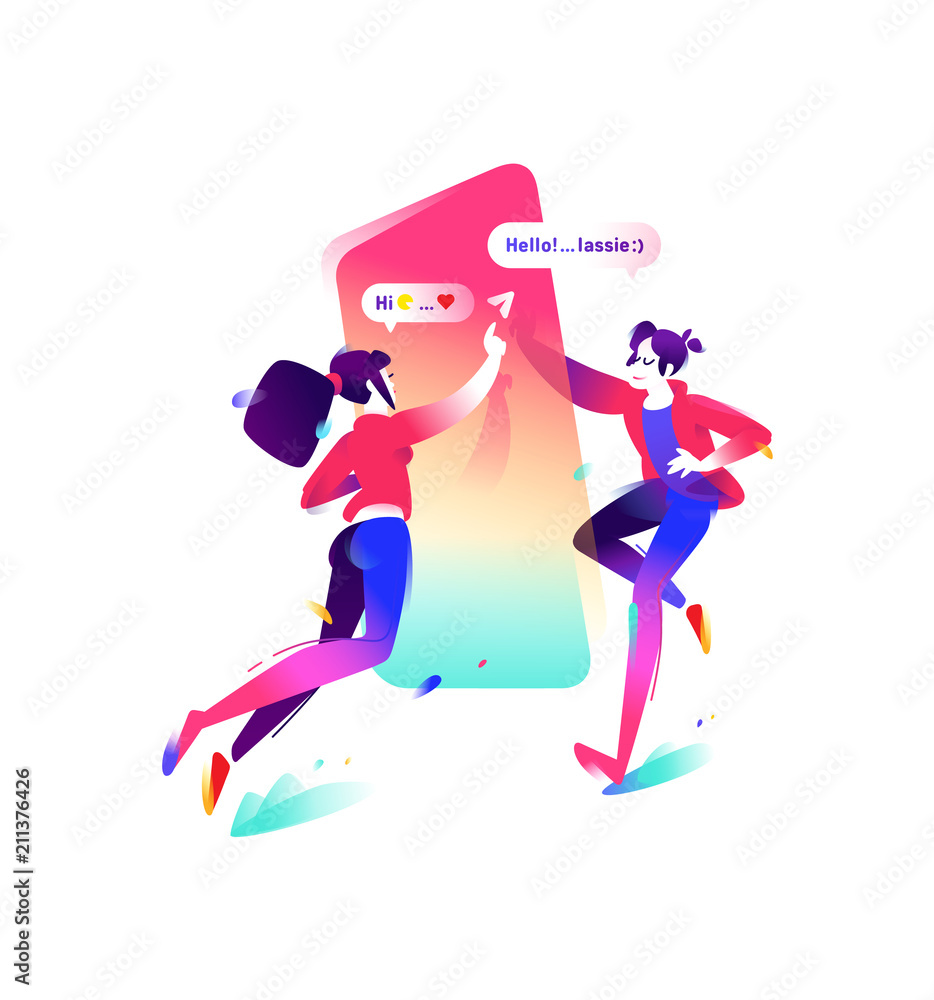 Illustration of a boy and a girl with a smartphone. Users of messenger. Two characters get acquainted with the chat. Illustration for banner and website. Modern means of communication. Illustration of a boy and a girl with a smartphone. Users of messenger. Two characters get acquainted with the chat. Illustration for banner and website. Modern means of communication.