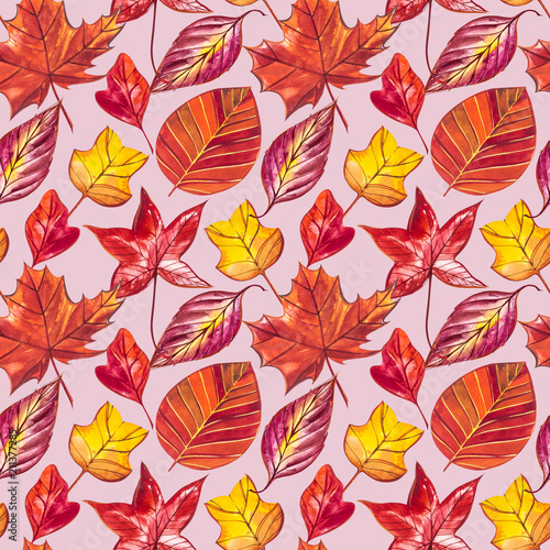Red and Orange Autumn Leaves Background. Watercolor seamless pattern illustration.