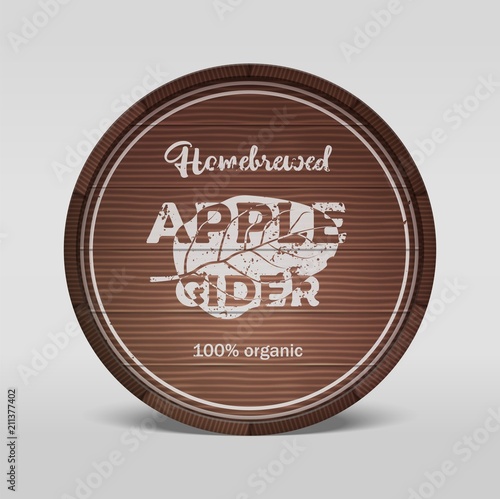 Apple cider emblem painted on wooden barell. Vector illustration