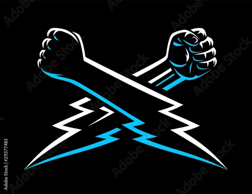 Mma wrestling clenched male fists and hands. Fighters arm poster fight night concept template. Power lightning bolt shaped brush drawn logo sign isolated on dark background.
