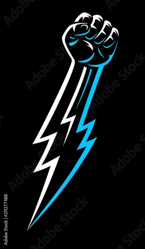 Rebel clenched raised male fist hand. Fight rights strike protest arm symbol. Power concept night lightning bolt logo sign.
