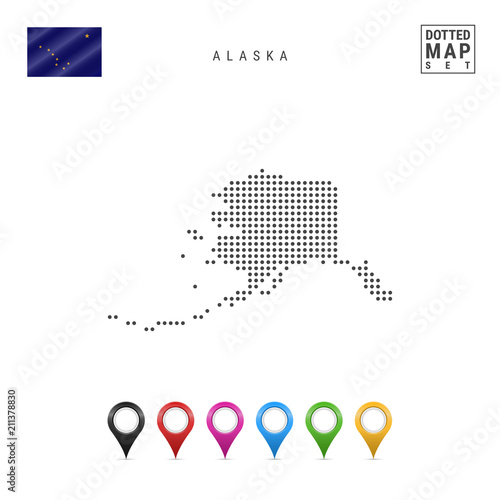 Dots Pattern Vector Map of Alaska. Stylized Silhouette of Alaska. Flag of Alaska. Set of Multicolored Map Markers