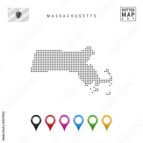 Dots Pattern Vector Map of Massachusetts. Stylized Silhouette of Massachusetts. Flag of Massachusetts. Map Markers Set