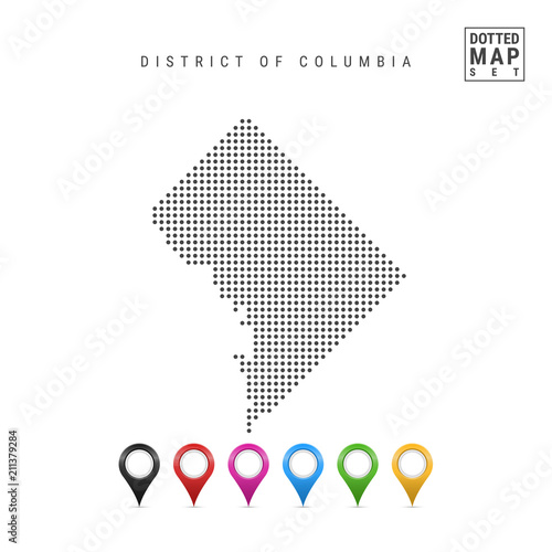 Dots Pattern Vector Map of Washington DC. Stylized Silhouette of Washington DC. Flag of Washington DC. Map Markers Set