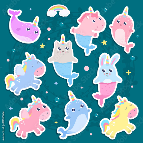 Magical creatures. Narwhal  unicorn mermaid bunny mermaid  cat mermaid pegasus stickers vector illustration